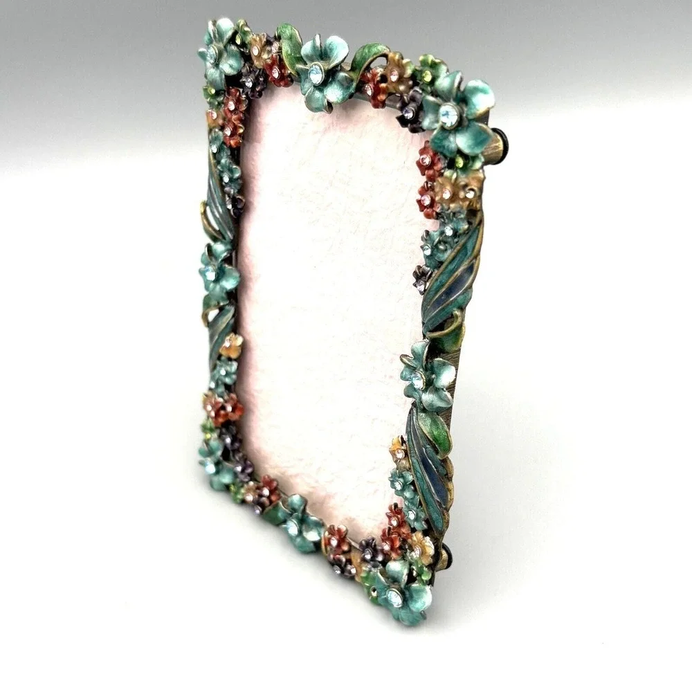 Vintage Metal Enamel Picture Frame Flowers Victorian Art Noveau Romantic